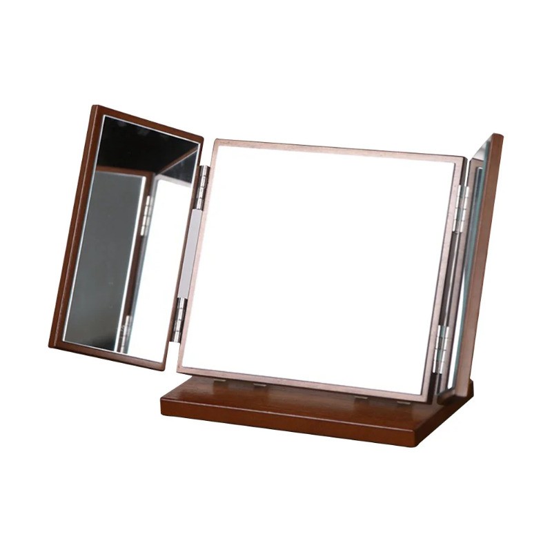 7.07" Foldable Three Sided Wooden Base Mirror Handcarved Desktop Makeup Mirrors