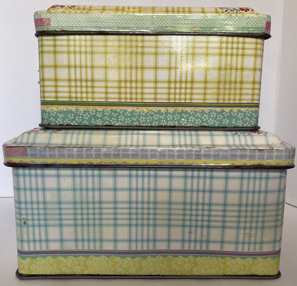 2pc Nesting Shabby Chic Tin Galvanized Metal Bread Boxes Flower Market 156