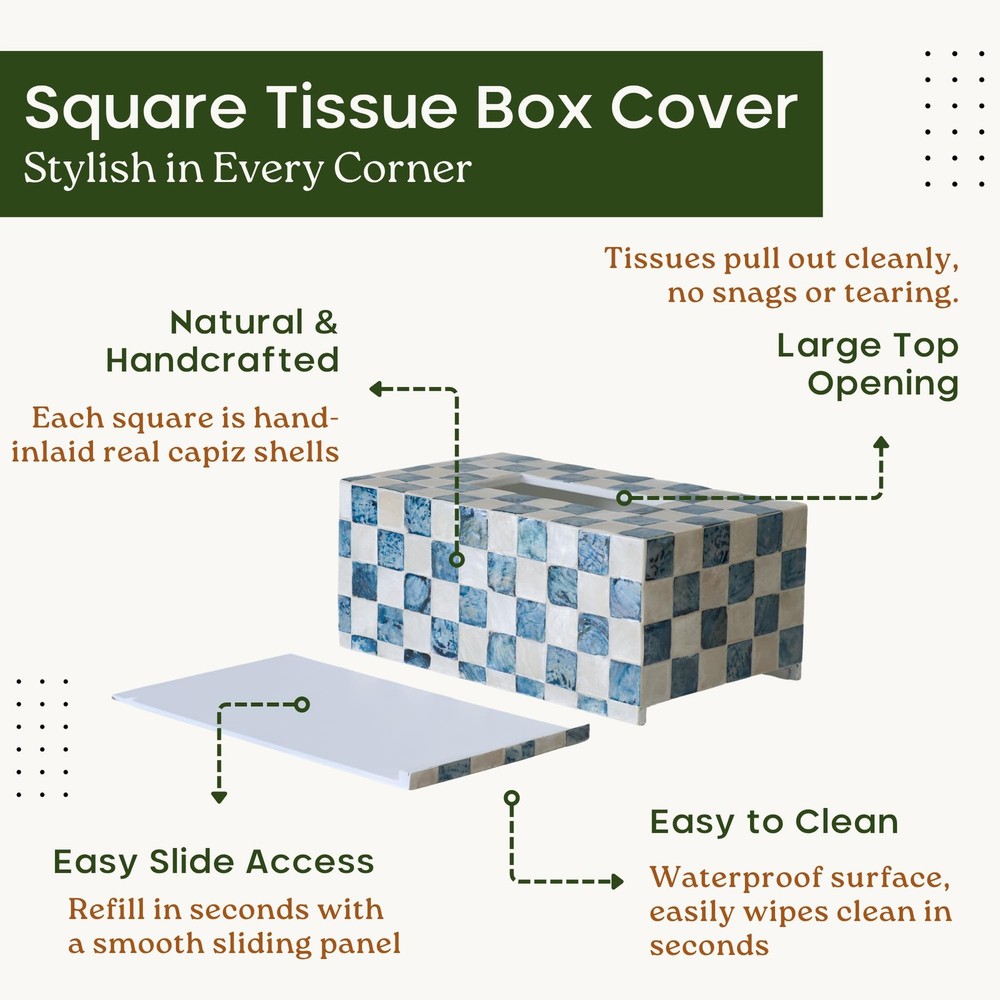 Rectangle Checkered Tissue Cover Handmade with Capiz Shells, Decorative Tissu...