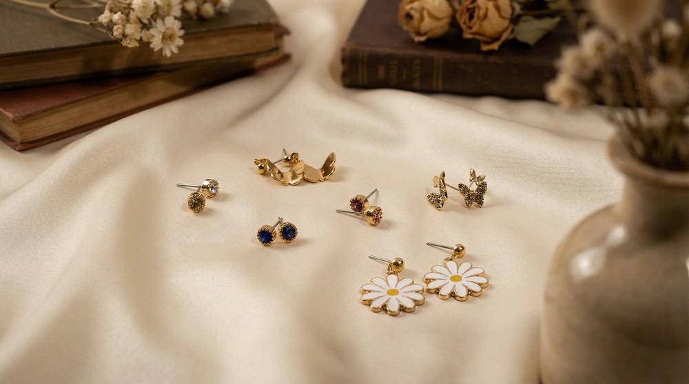 6 Pack White flower Earring Set