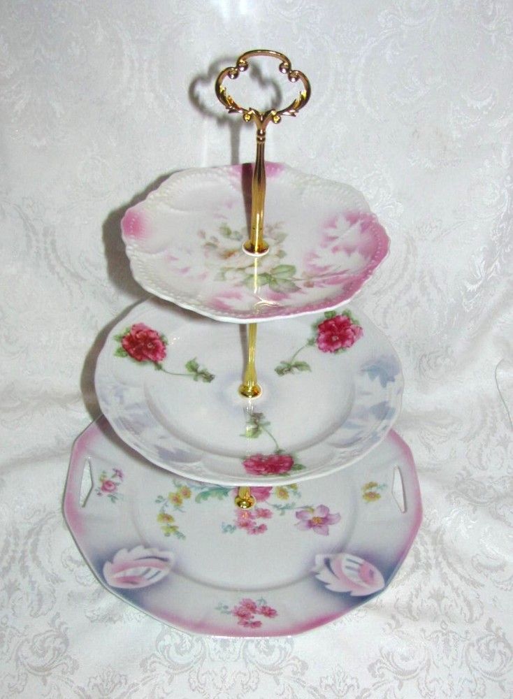 Custom Three Tier Tea Party Cake Stand Made With Antique Lusterware Plates