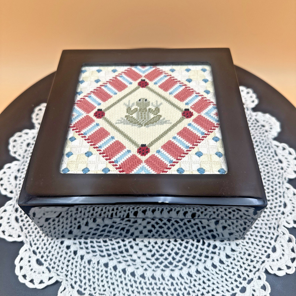 Framed Cross Stitch Frog Ladybug Betsy Box Needlepoint Art