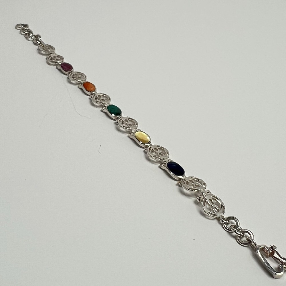 Peruvian 925 Sterling Silver Multi Gemstone Link Bracelet