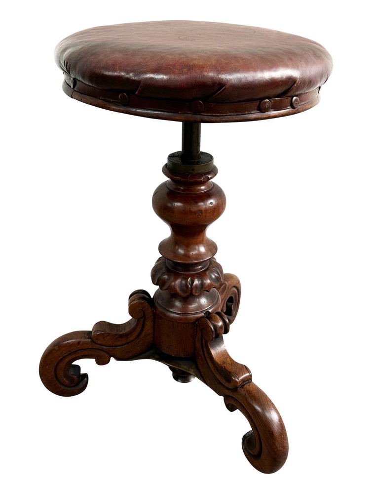 Victorian Piano Stool Carved Column Triple Scroll Support & Leather Top - 1860's