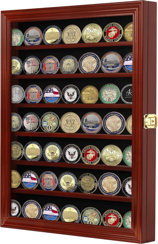Premium Lockable Challenge Coin Display Case - Mahogany Finish, Wall Mountable