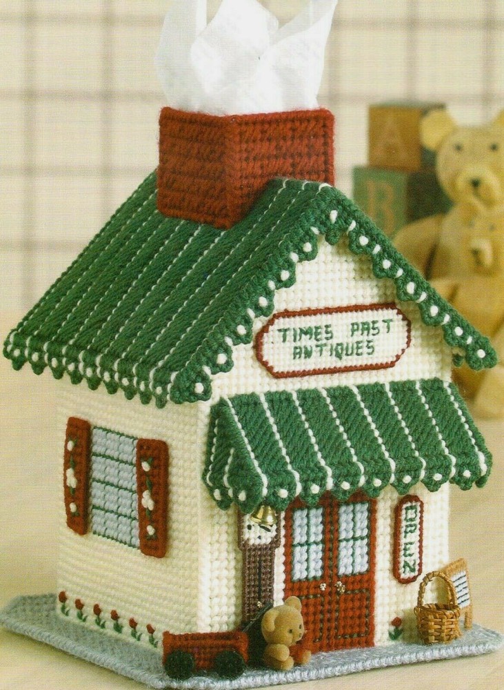 ANTIQUE SHOPPE TISSUE TOPPER COVER PLASTIC CANVAS PATTERN INSTRUCTIONS