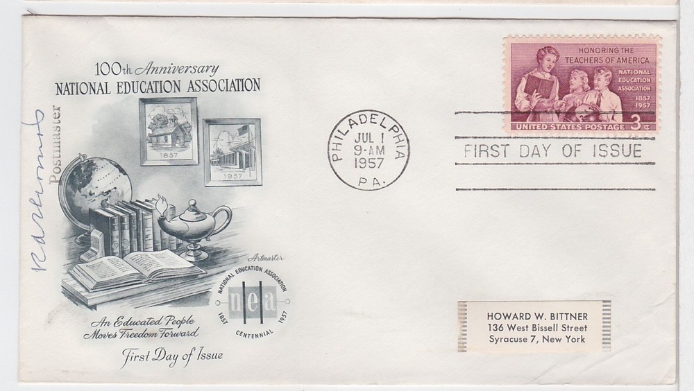TurtlesTradingPost- School Teachers FDC #1093- 1957 Artmaster- Postmaster Signed