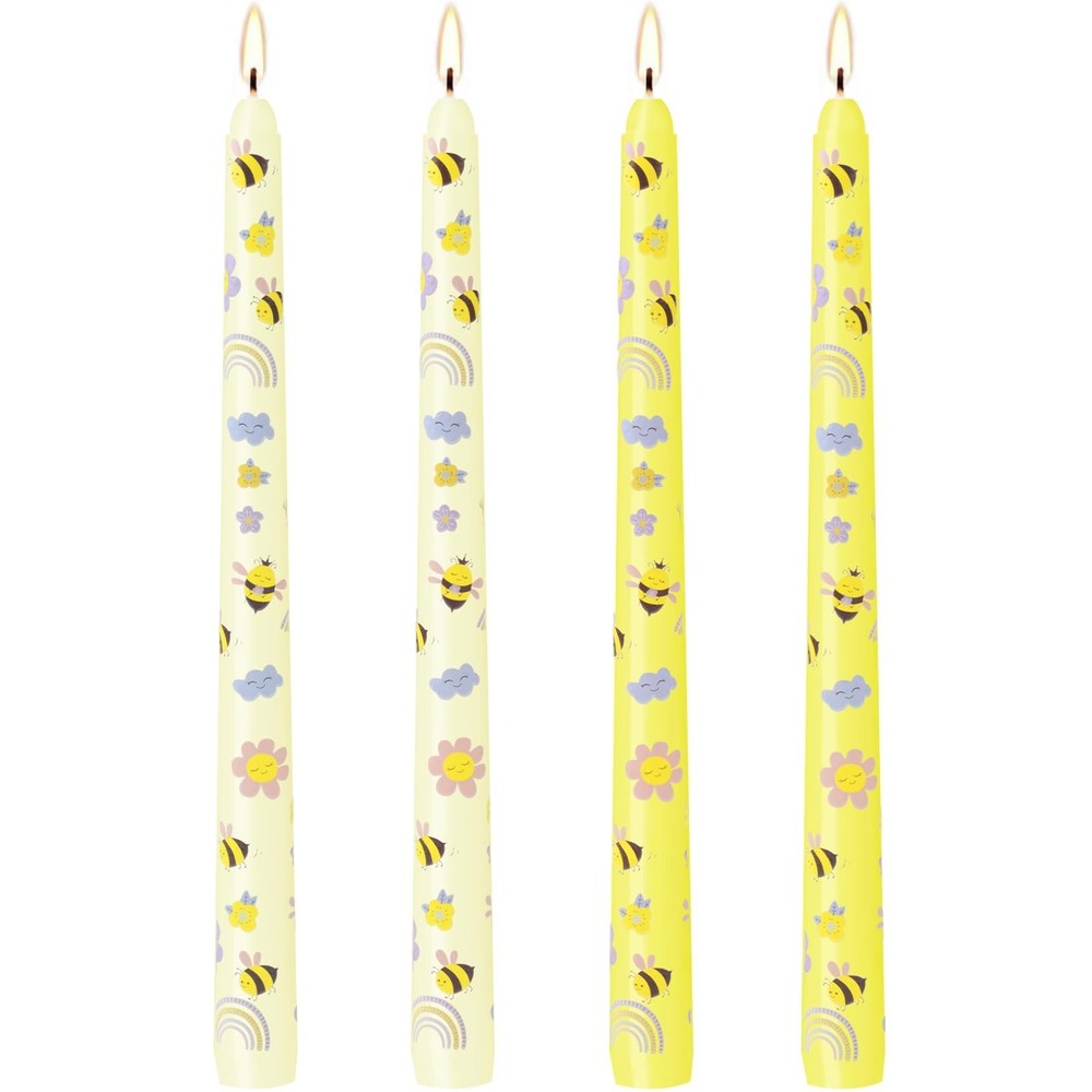 10 Inch Bee Printed Taper Candles,4 Pack Dripless Unscented Gradient-Yellow C...