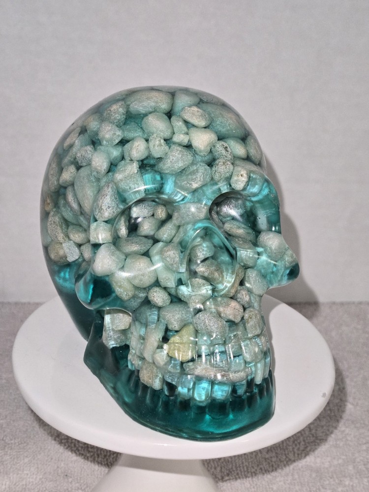 Turquoise Blue Resin Skull With Rocks