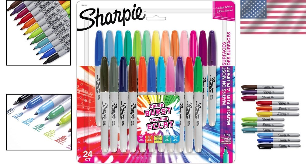 24-Pack Color Burst Fine Tip Permanent Markers - Durable Ink for Every Surface