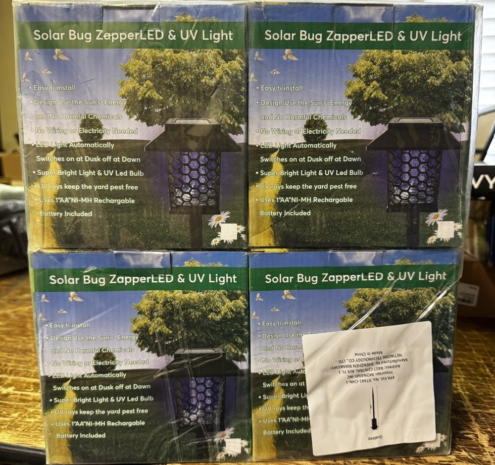 QUALIREY 4 PACK SOLAR BUG ZAPPER LED & UV LIGHT. WHITE LIGHT. BATTERIES INCLUDE