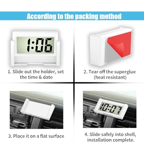Small Electronic Dashboard Car Time Clock Self-Adhesive Mini Car White