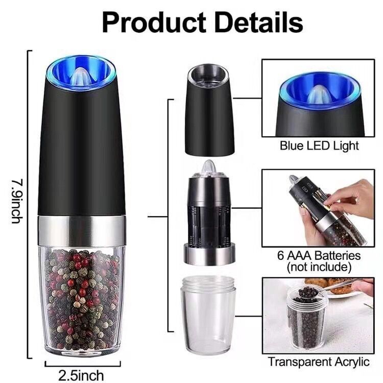 2 Pack Gravity Electric Salt and Pepper Grinder Mill Shaker Adjustable Automatic