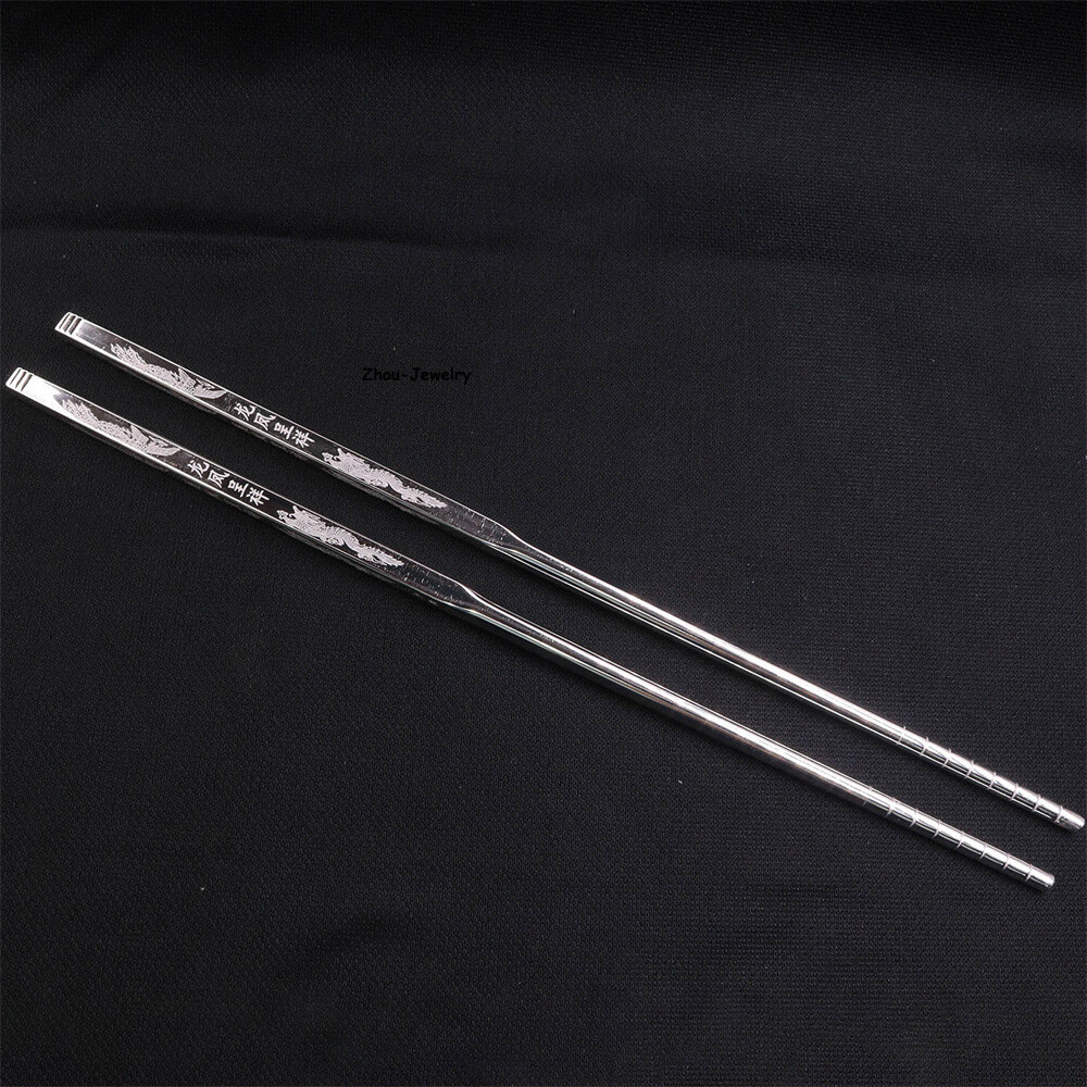 Solid S999 Fine Silver 999 Dragon Phoenix Figure Chopsticks Dinnerware 34-35g