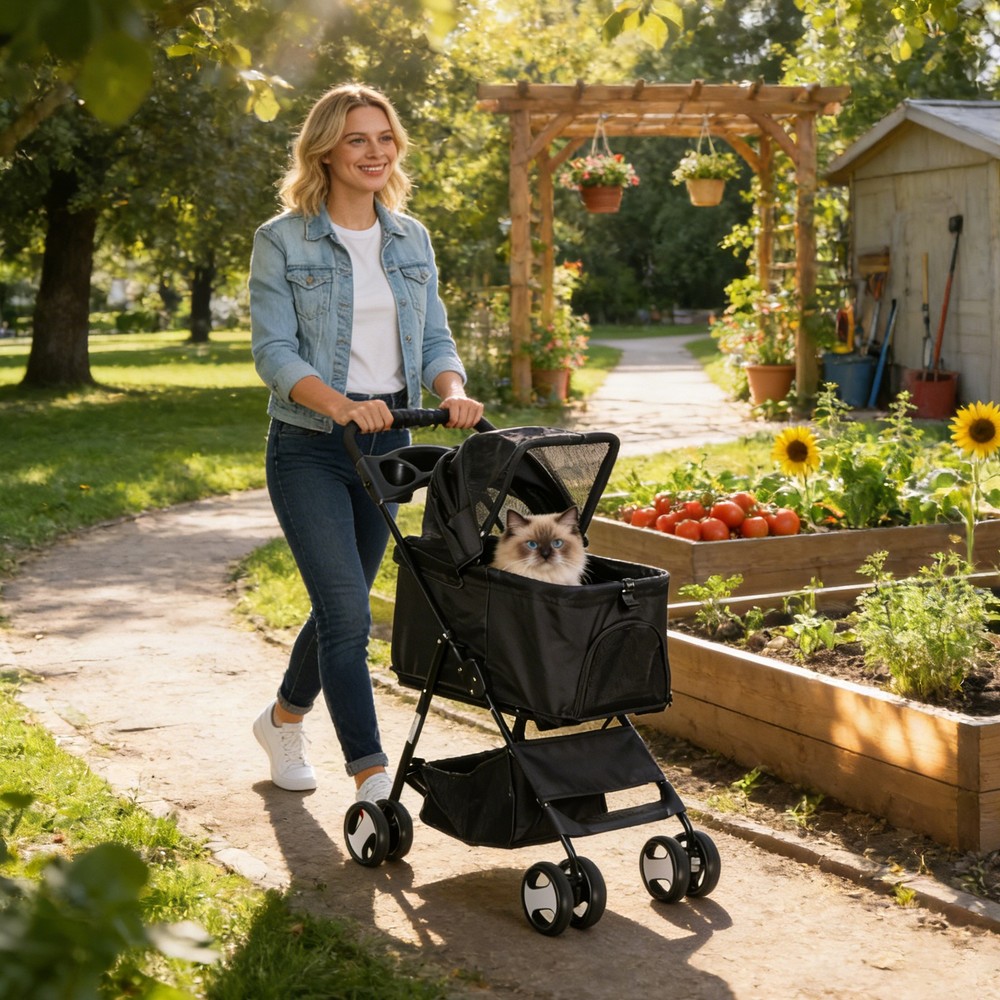 Dog Stroller Cat Stroller 3-in-1 Multifunctional with 4 Wheels Black Foldable