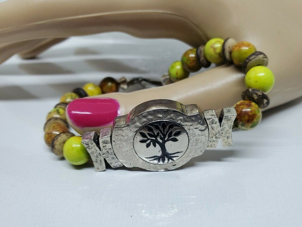 Green Brown Beaded Tree Design Bracelet 8" Marked KS