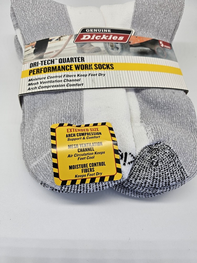 Dickies Men Dri-tech Quarter Performance Work Socks White 5-Pr Extended Sz 12-15