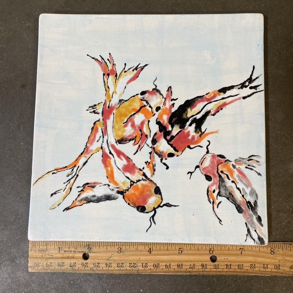 Koi fish hand painted decorative tile