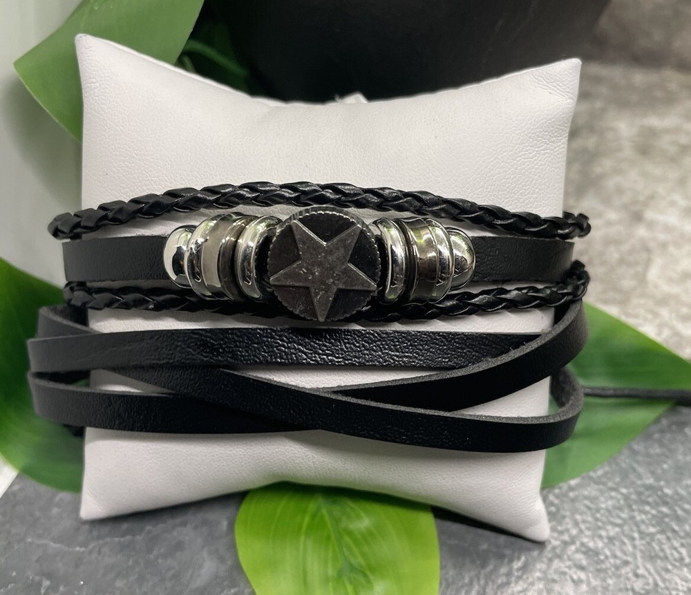 2 PC Leather Bracelet Stackable Adjustable Tie Free Ship Star B3272