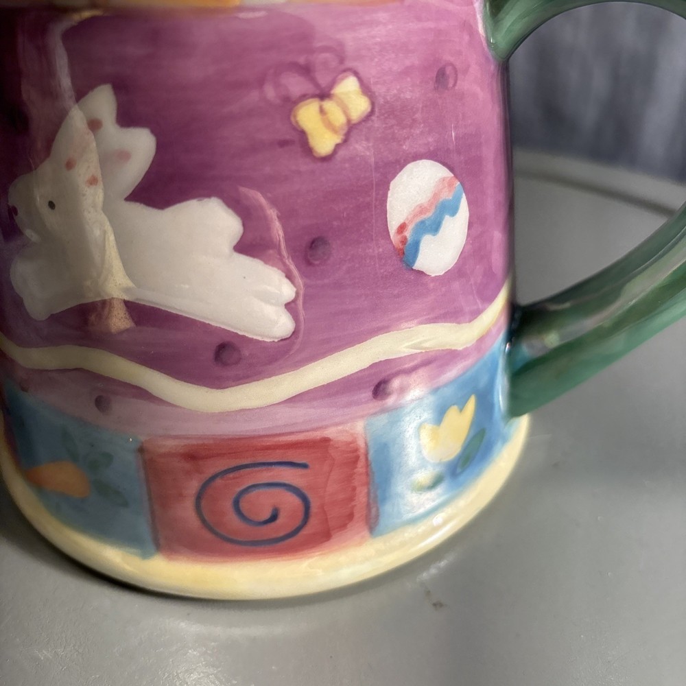 Vtg Watering Can or Planter 6.5" 2000 Palm Tree Ceramic Easter Bunny/Eggs Luster