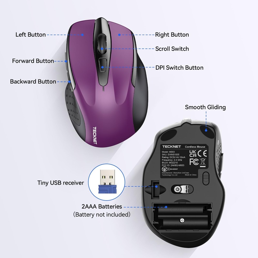 TECKNET Wireless Mouse, 2.4G Ergonomic Optical Mouse, Computer Mouse for Lapt...