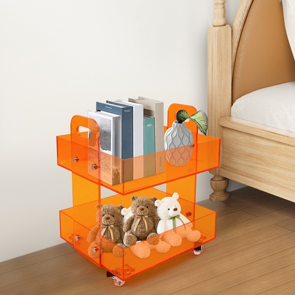 Orange Acrylic Side Table, Storage Rack with Wheels, Acrylic Bedside Table