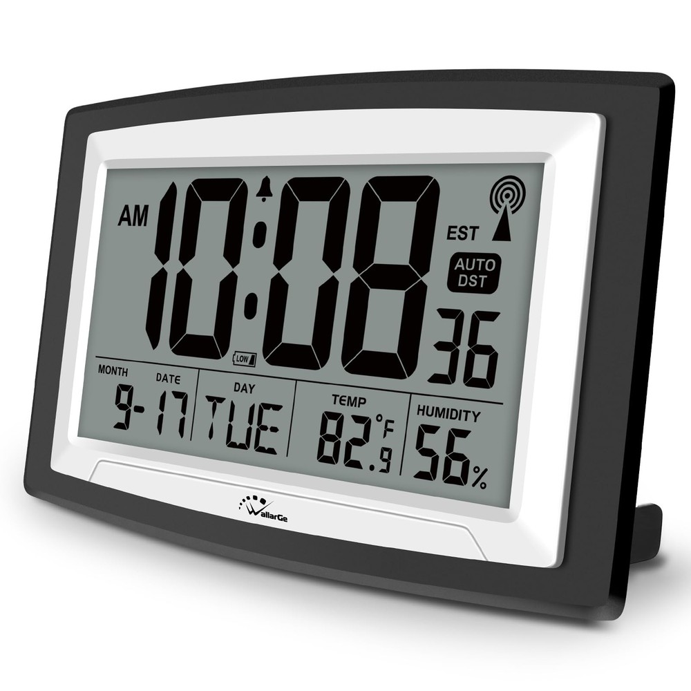 WallarGe Atomic Clock with Indoor Temperature and Large, Black, White