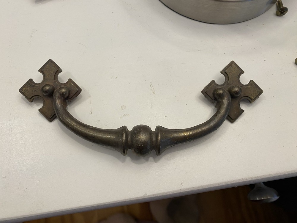 Antique Iron Bail Handle Pull w/ Gothic Cross Backplates – Victorian Hardware 6”