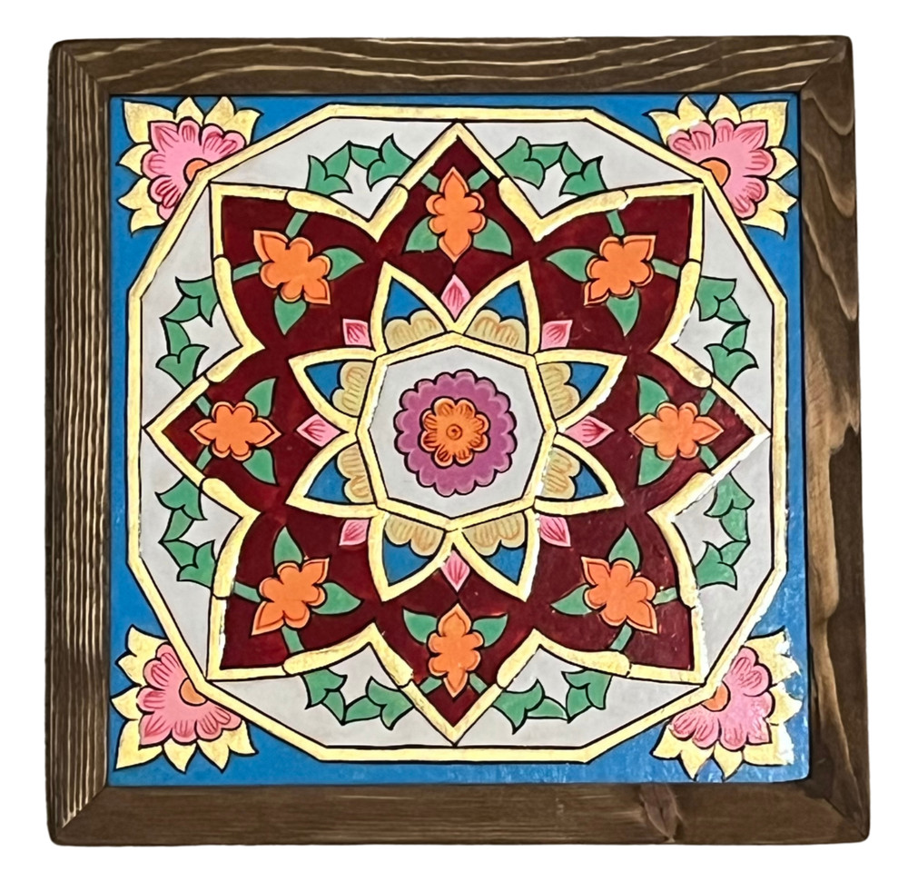 Tajik Traditional Pattern Multi Colored Decorative Painted Wood Tile Art