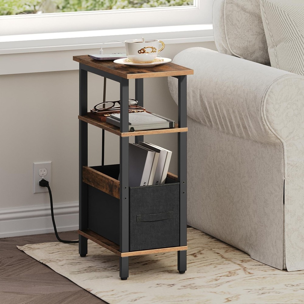Narrow Side Table with Charging Station, Slim End Table with Fabric Storage, ...