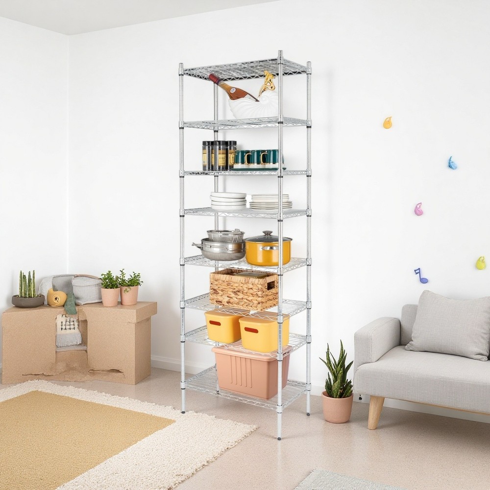 8-Tier Wire Shelving Unit - Heavy Duty, Adjustable, Silver, Modular Kitchen Rack