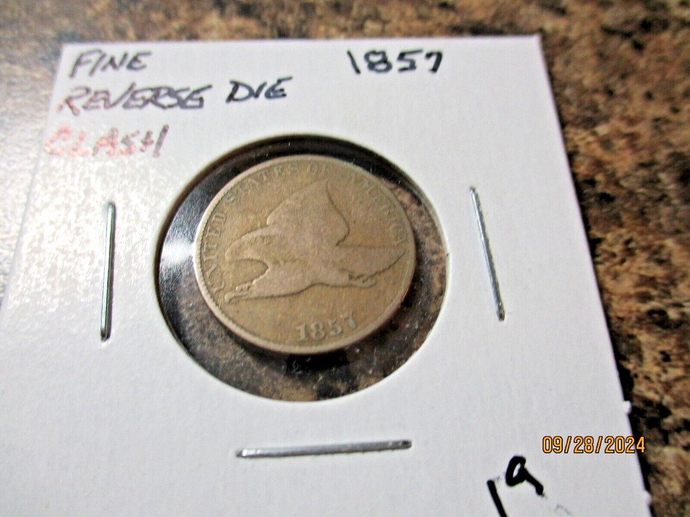 1857 FLYING EAGLE CENT WITH REVERSE DIE CLASH FINE 19
