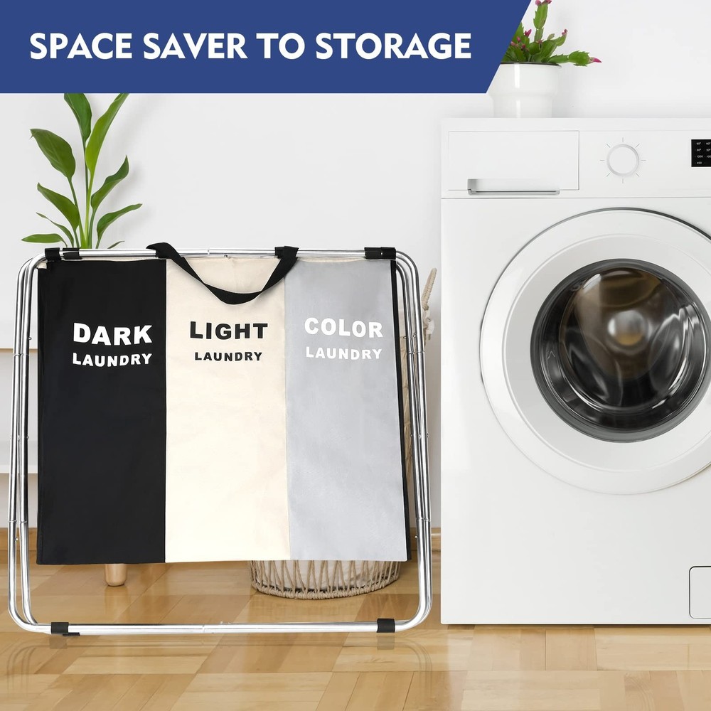 Laundry Cloth Hamper Sorter Basket Bin Foldable 3 Sections with stainless ste...