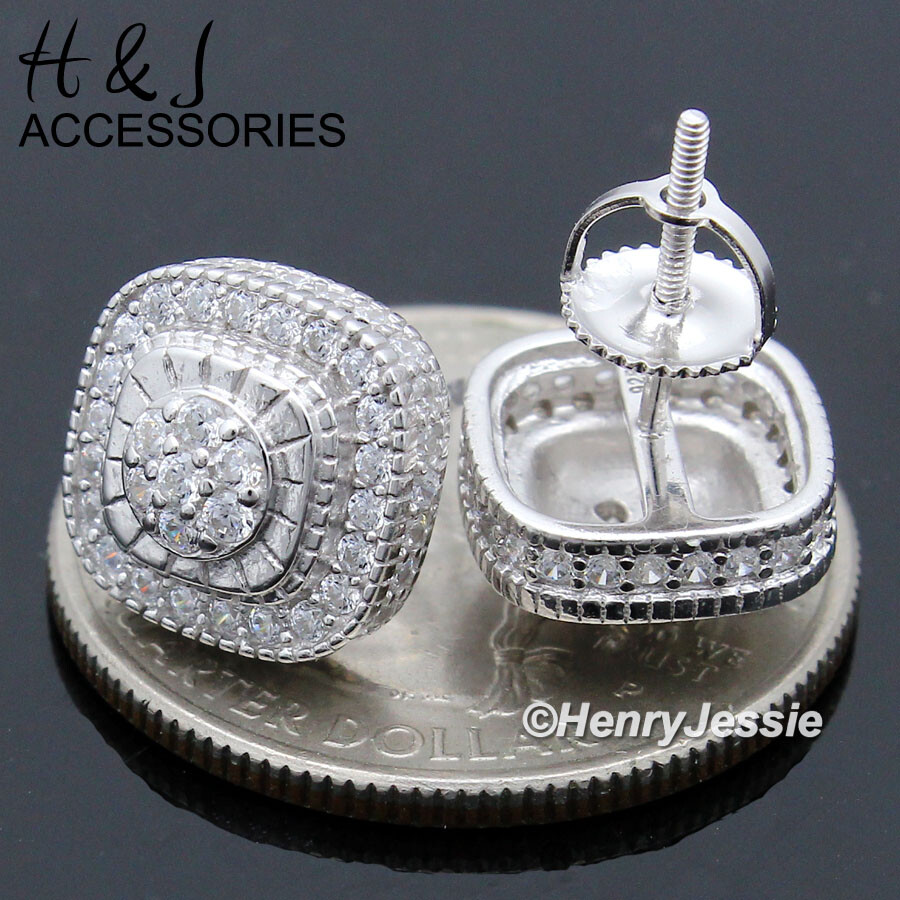 MEN SOLID 925 STERLING SILVER 11MM ICY BLING CZ SCREW BACK 3D STUD EARRING*AE216