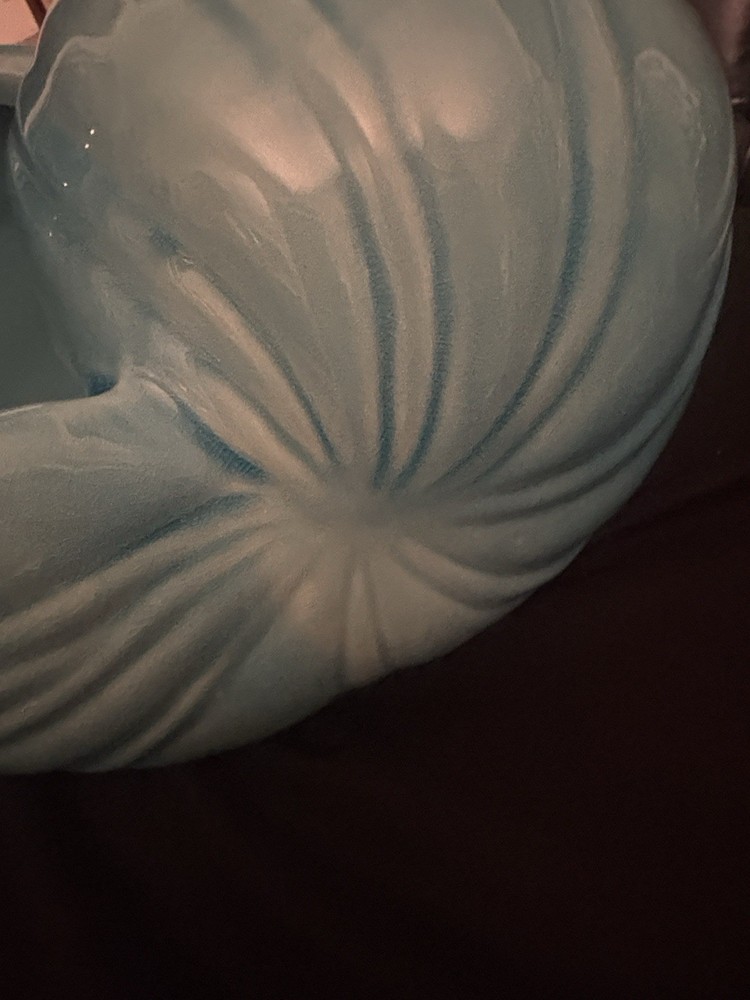 Blue Ceramic Seashell Planter Glossy Pottery 10" x 7" x 6" Solid Color