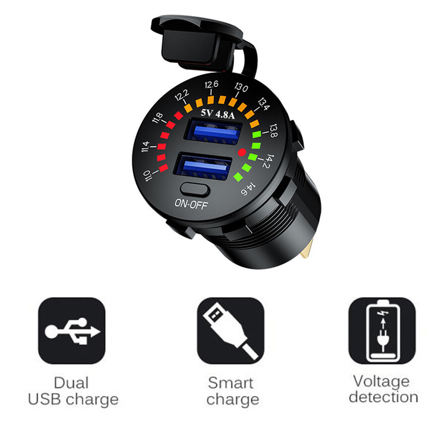 Dual USB Charger Socket Phone Fast Charging With Voltmeter & Switch Waterproof
