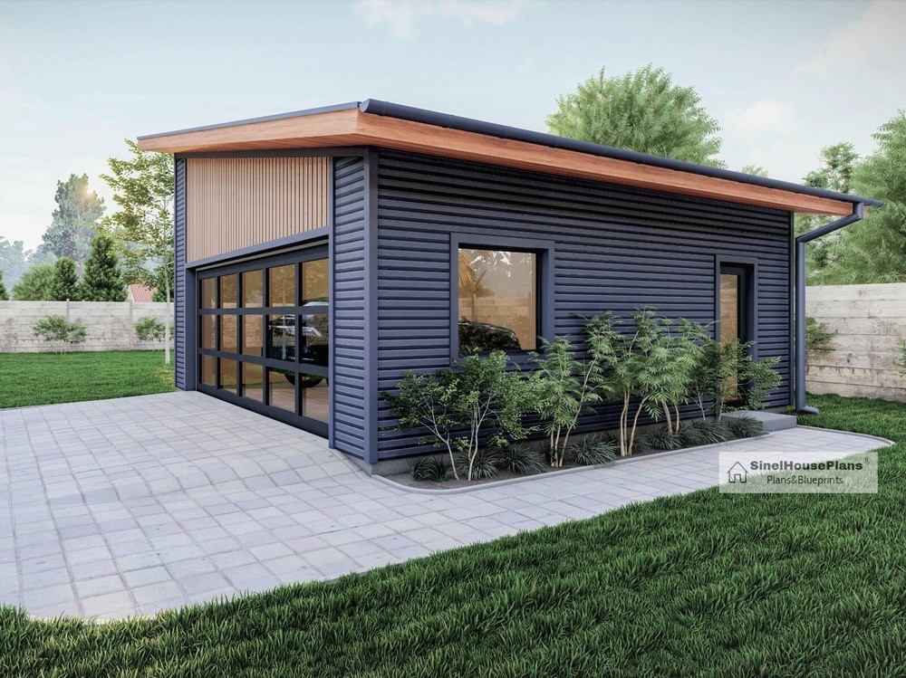2 Car Modern Garage plan-23' x 24' Building Blueprints Package With Loft Storage