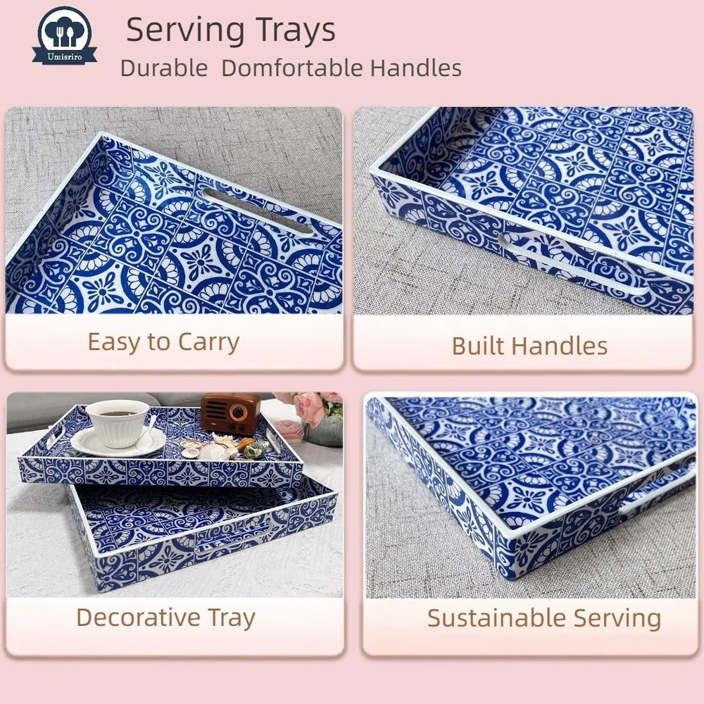 Umisriro 2 Pack Serving Tray w/ Handles, Rectangular Decorative for Coffee Table