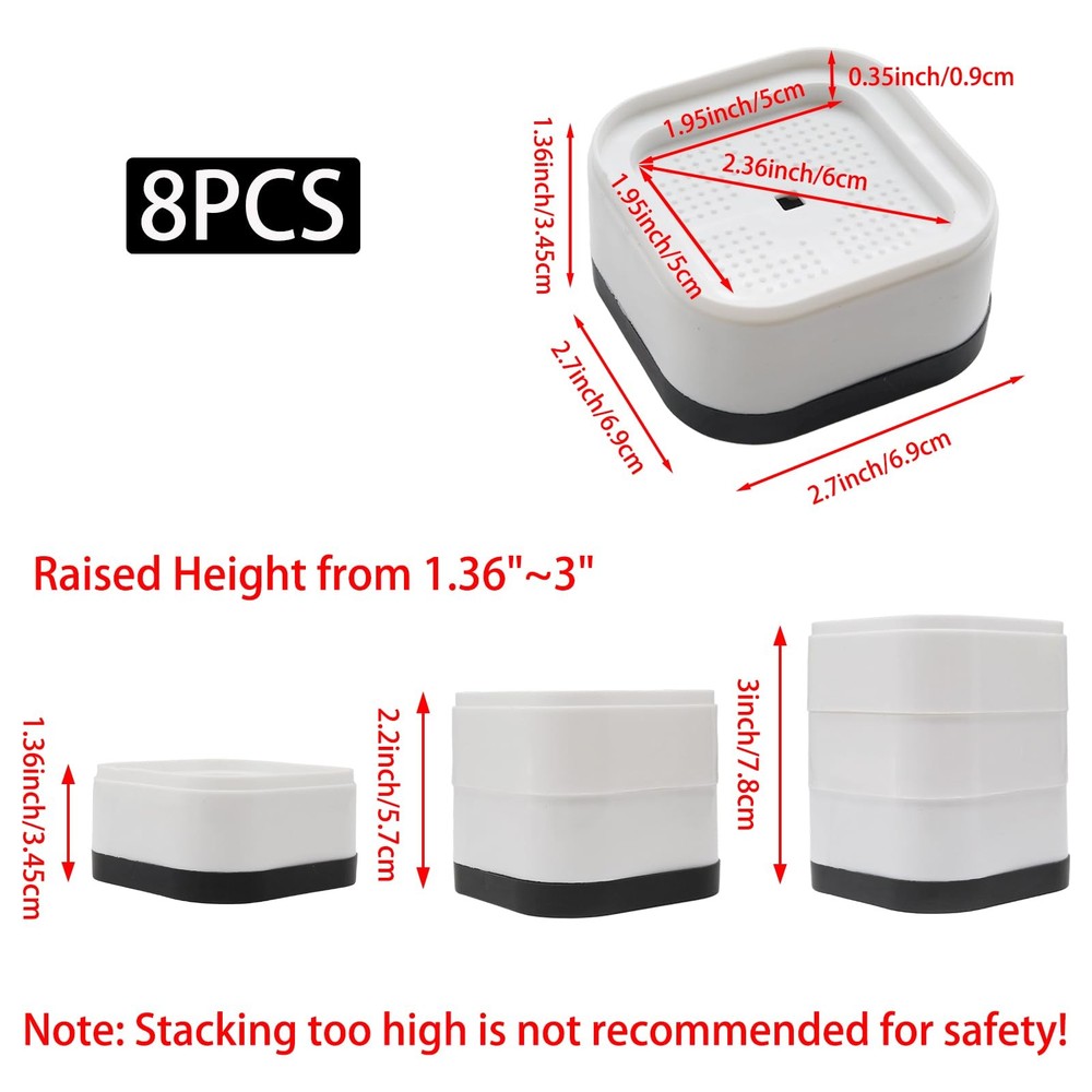White Adjustable Furniture Risers Square Stackable Bed Raisers 8 PCS