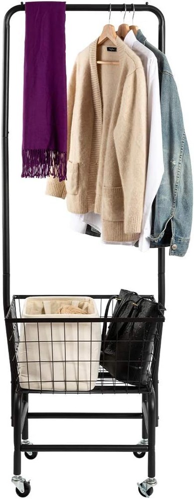 Laundry Cart with Clothes Rack, Rolling Laundry Butler with Wire Storage Rack