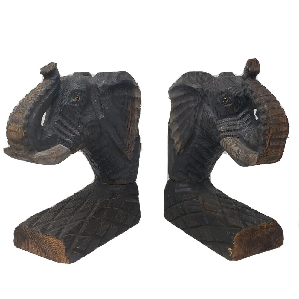 Hand Carved Solid WOOD Large Elephant Bookends Pyrography 9.5 inches tall
