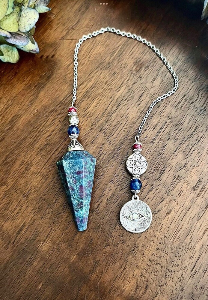 Genuine Ruby In Kyanite Pendulum + Hamsa Evil Eye Charm