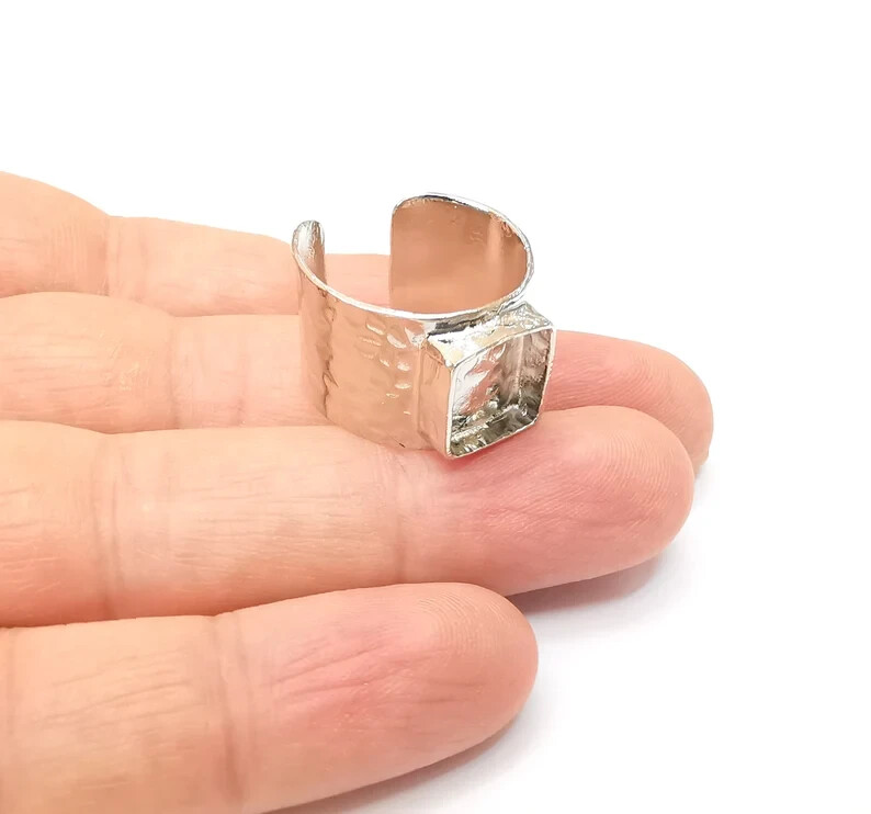 Shiny Silver Ring Setting Bezel Resin Base Cabochon Blank Adjustable Ring G35674