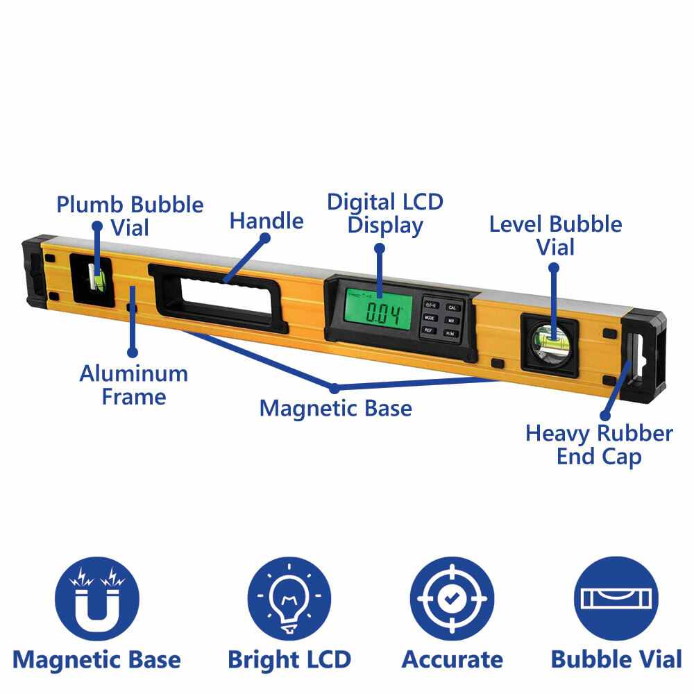 24 Inch Magnetic Digital Level with Bubble, Memory Functions and Protractor