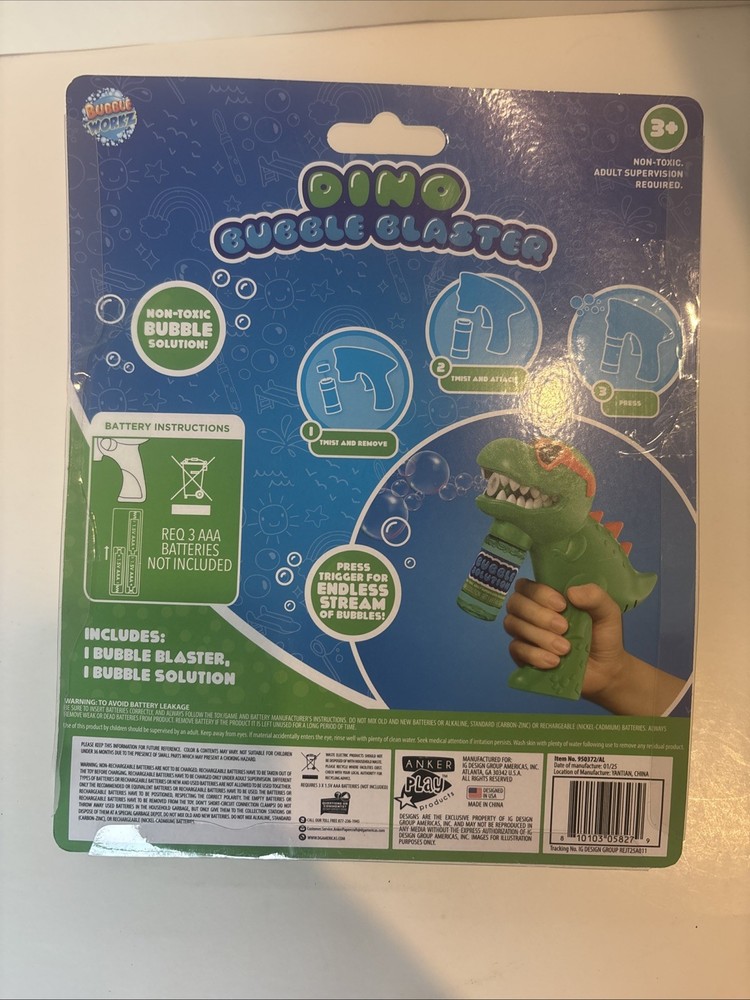 Dino bubble blaster. Non toxic bubble solution. Battery operated