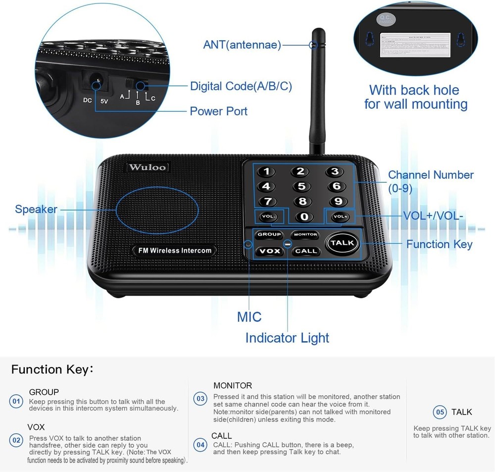 Advanced 10-Channel Wireless Intercom - 5280 Feet Range, 2 Packs Included