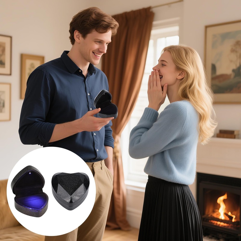 Ring Box with LED Light, Heart Shaped Engagement Ring Boxes Storage Cute Roma...