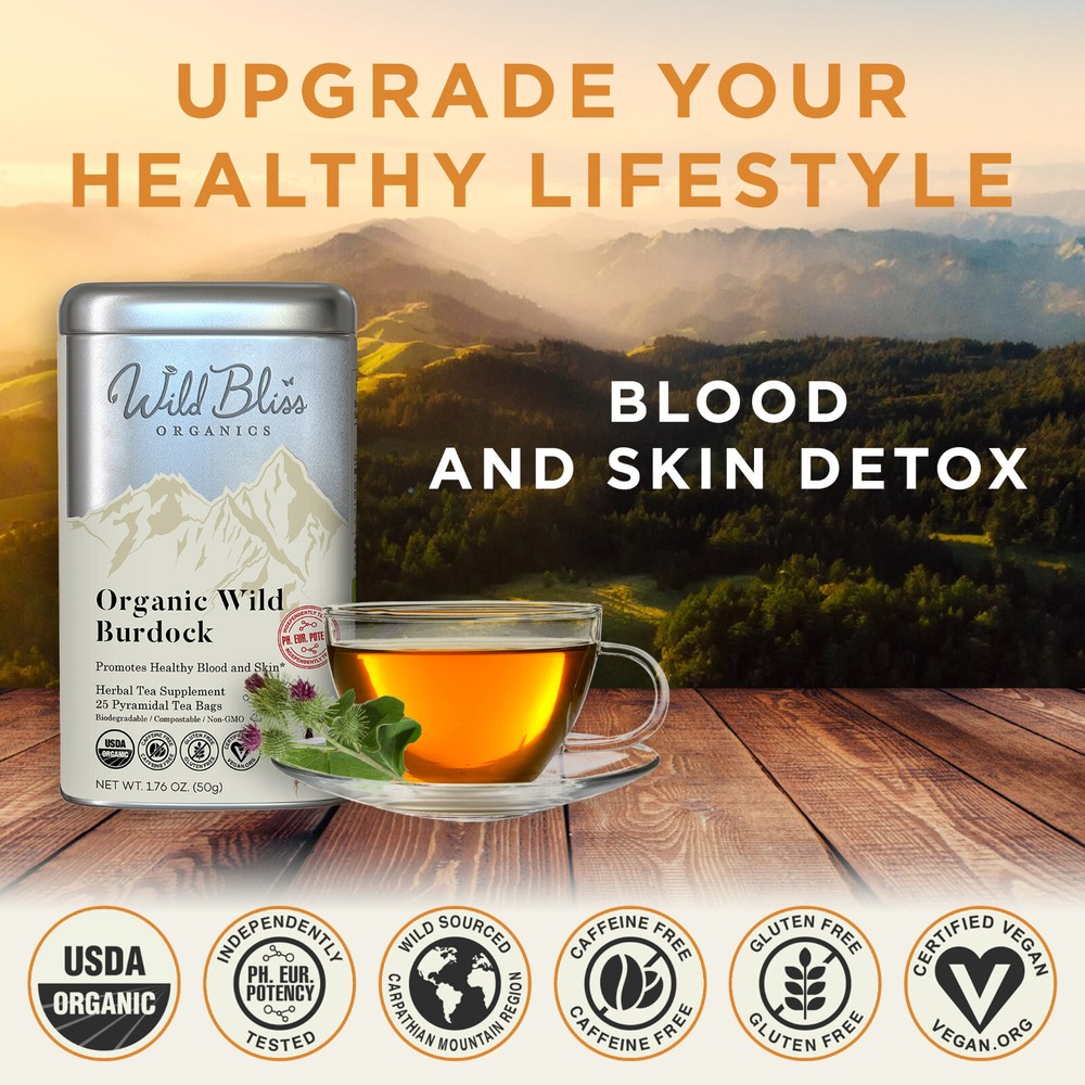 Organic Burdock Root Tea - Caffeine Free - Pharmacopoeia Quality