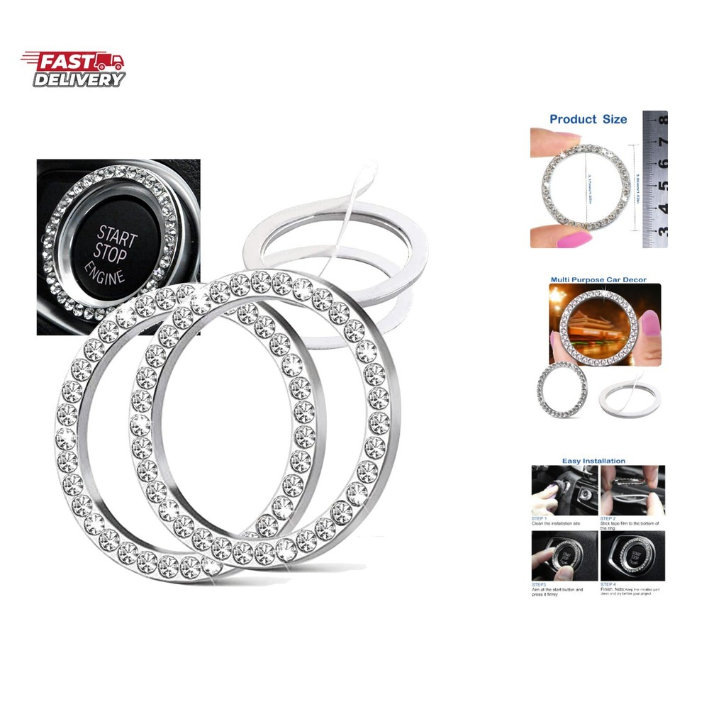 2pcs Bling Car Engine Start Button Cover Diamond Crystal Push Start Stop Butt...