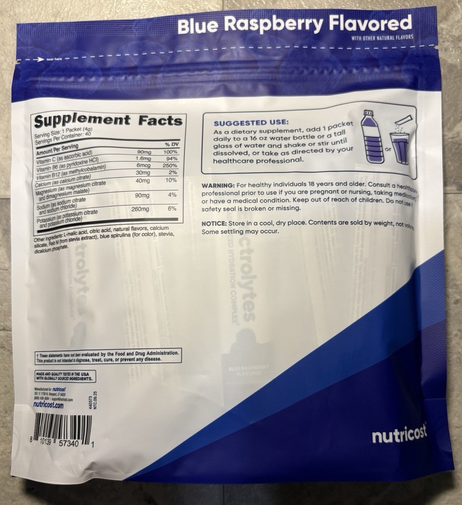Nutricost Electrolytes Advanced Hydration Complex Blue Raspberry 40 Stick Packs